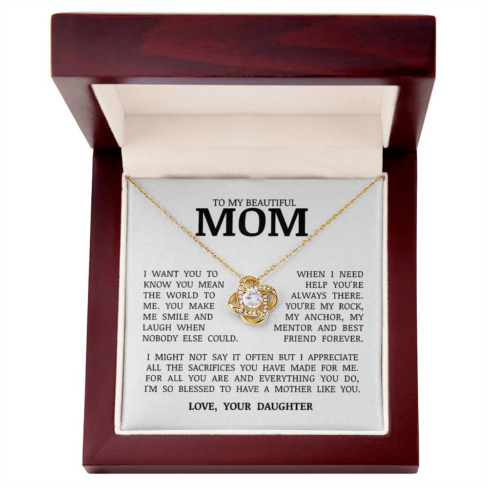 To My Beautiful Mom "You Mean The World To Me" Love Knot Necklace