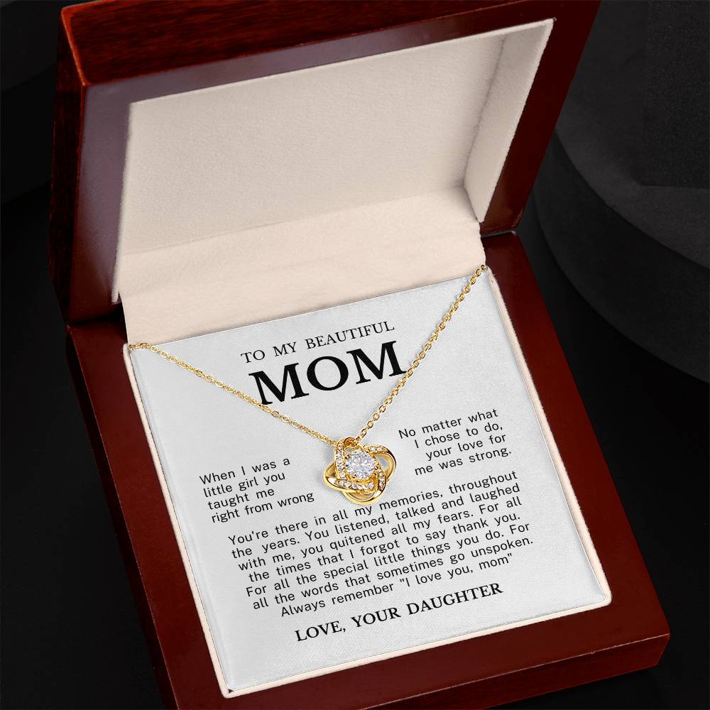 To My Beautiful Mom "Always Remember I Love You" Love Knot Necklace