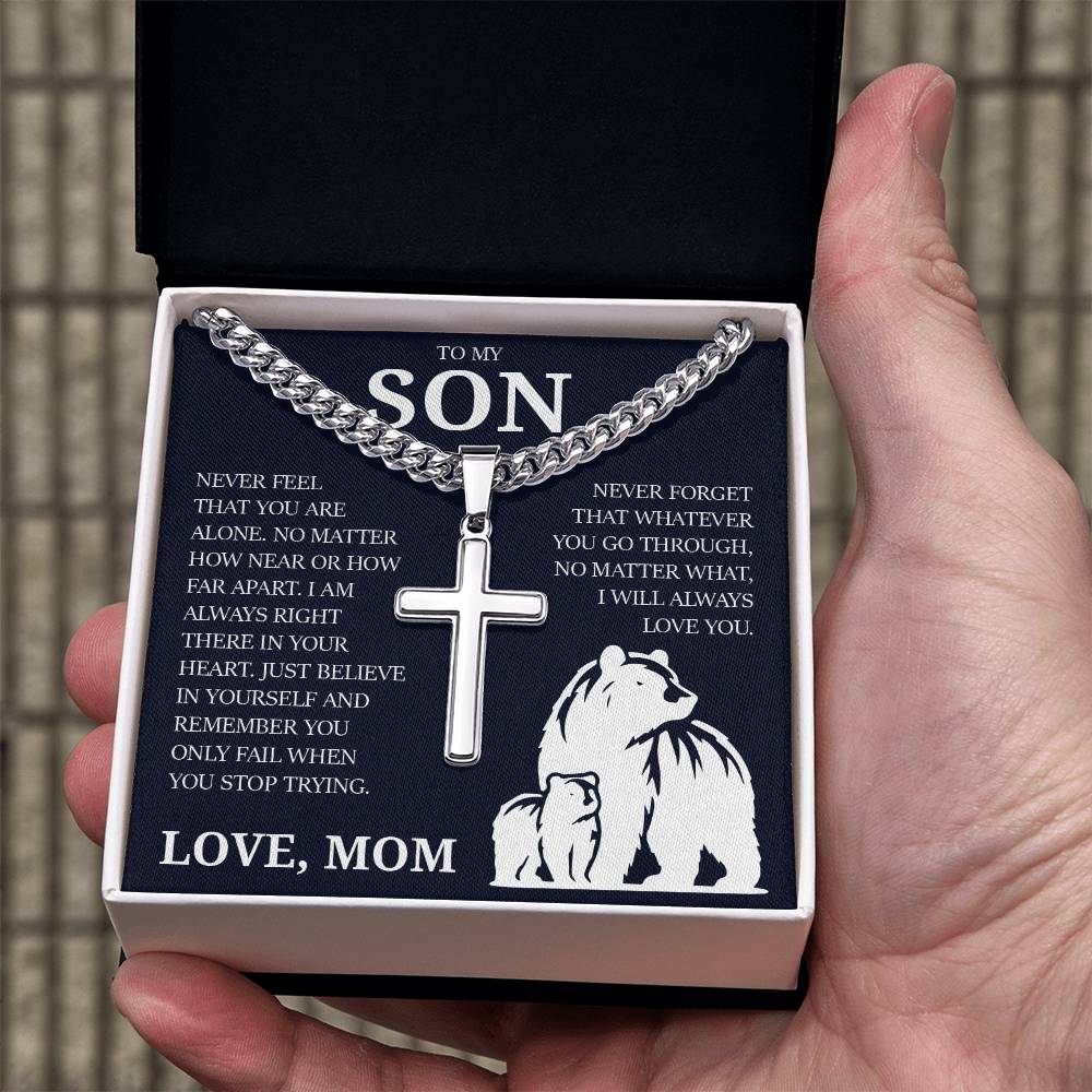 To My Son "I Will Always Love You" Cuban Chain with Cross Necklace