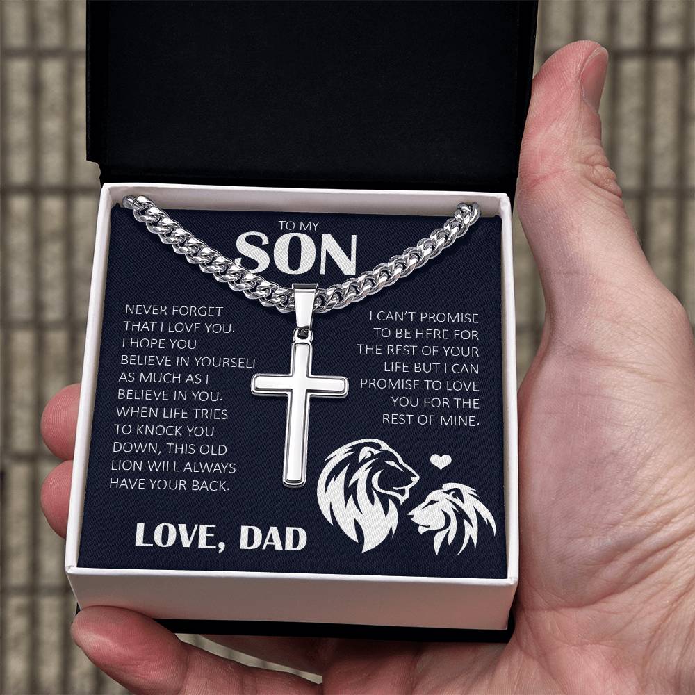 To My Son "Never Forget That I Love You" Cuban Chain with Cross Necklace