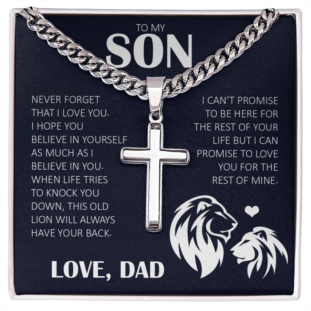 To My Son "Never Forget That I Love You" Cuban Chain with Cross Necklace