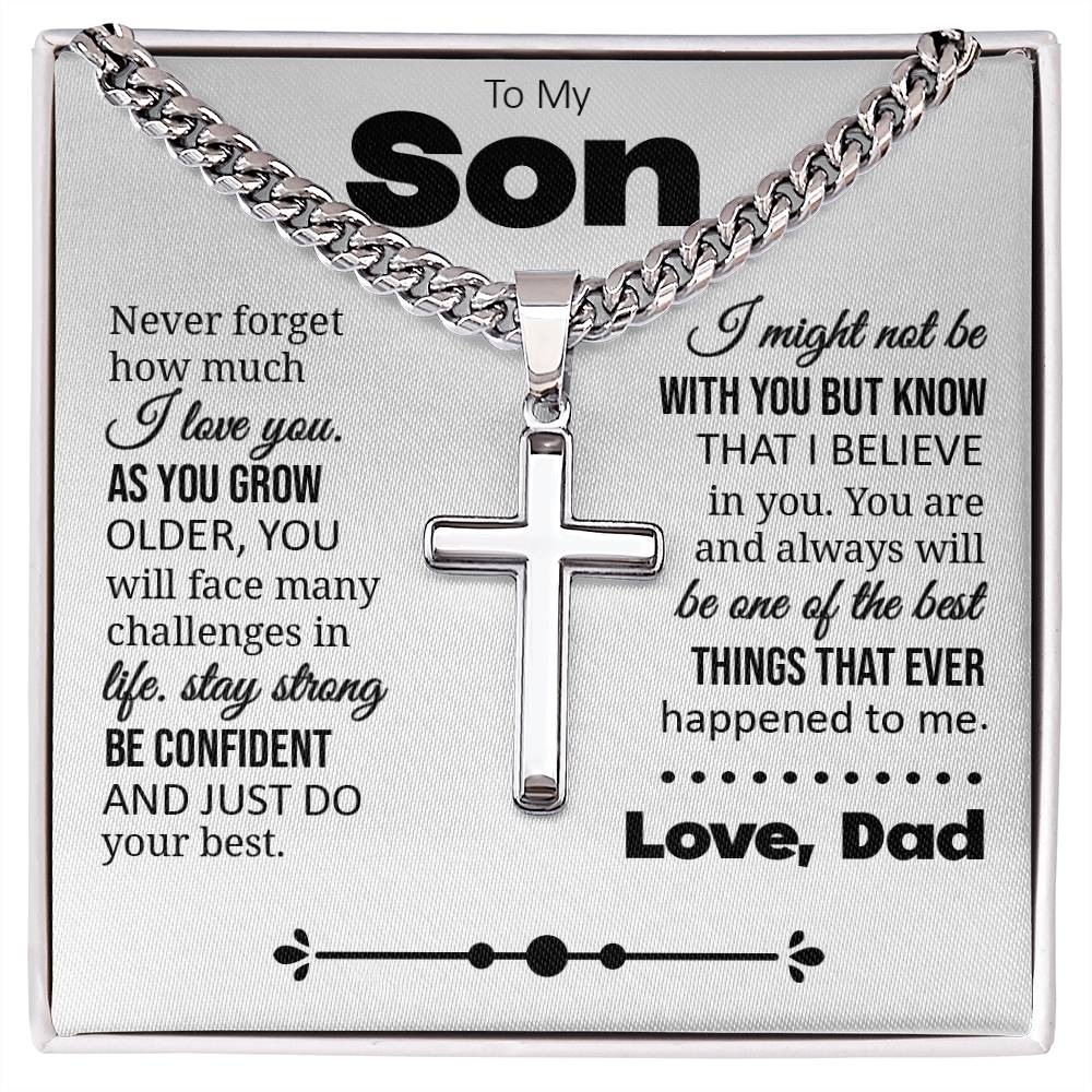 To My Son "Never Forget How Much I Love You" Cuban Chain with Cross Necklace