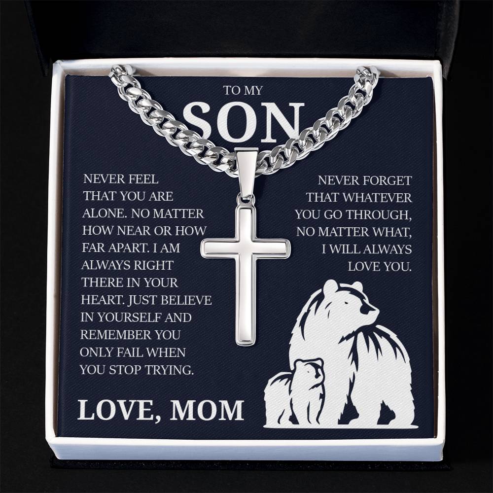 To My Son "I Will Always Love You" Cuban Chain with Cross Necklace