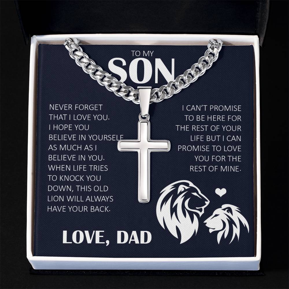 To My Son "Never Forget That I Love You" Cuban Chain with Cross Necklace