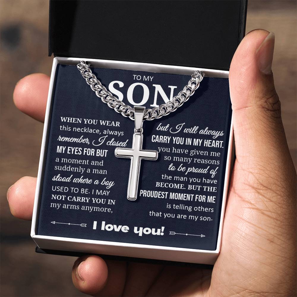 To My Son "I Will Always Carry You In My Heart" Cuban Chain with Cross Necklace