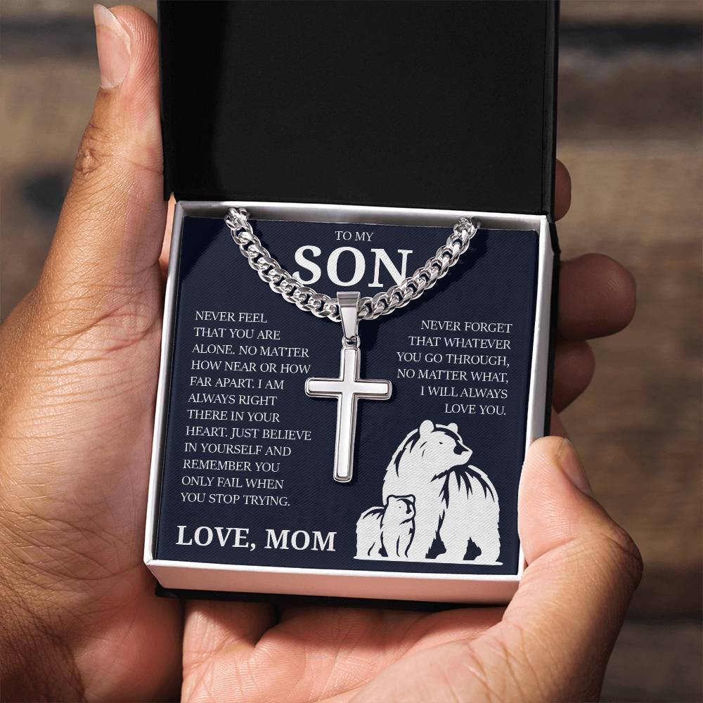 To My Son "I Will Always Love You" Cuban Chain with Cross Necklace