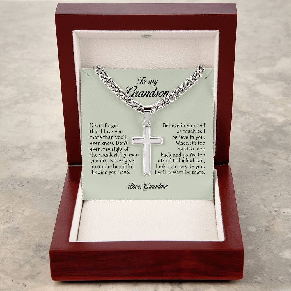 To My Grandson "Never Forget That I Love You" Cuban Chain Cross Necklace