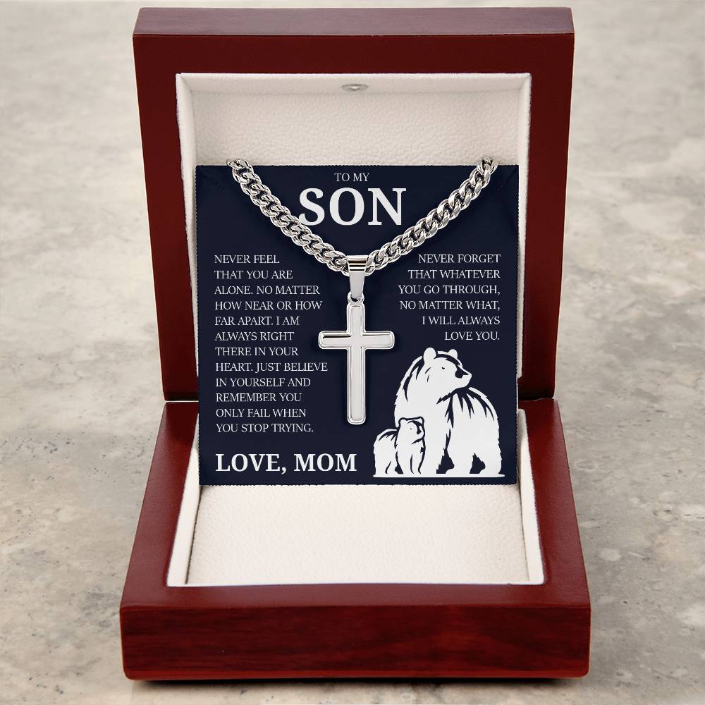 To My Son "I Will Always Love You" Cuban Chain with Cross Necklace