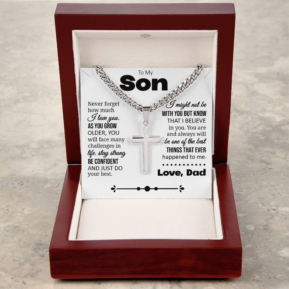 To My Son "Never Forget How Much I Love You" Cuban Chain with Cross Necklace