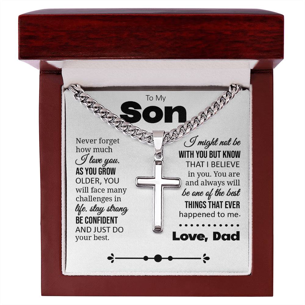 To My Son "Never Forget How Much I Love You" Cuban Chain with Cross Necklace