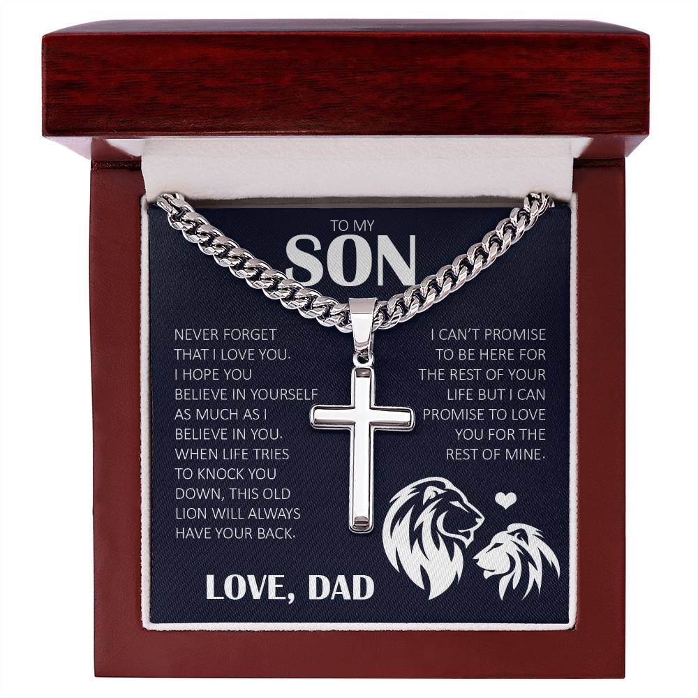 To My Son "Never Forget That I Love You" Cuban Chain with Cross Necklace