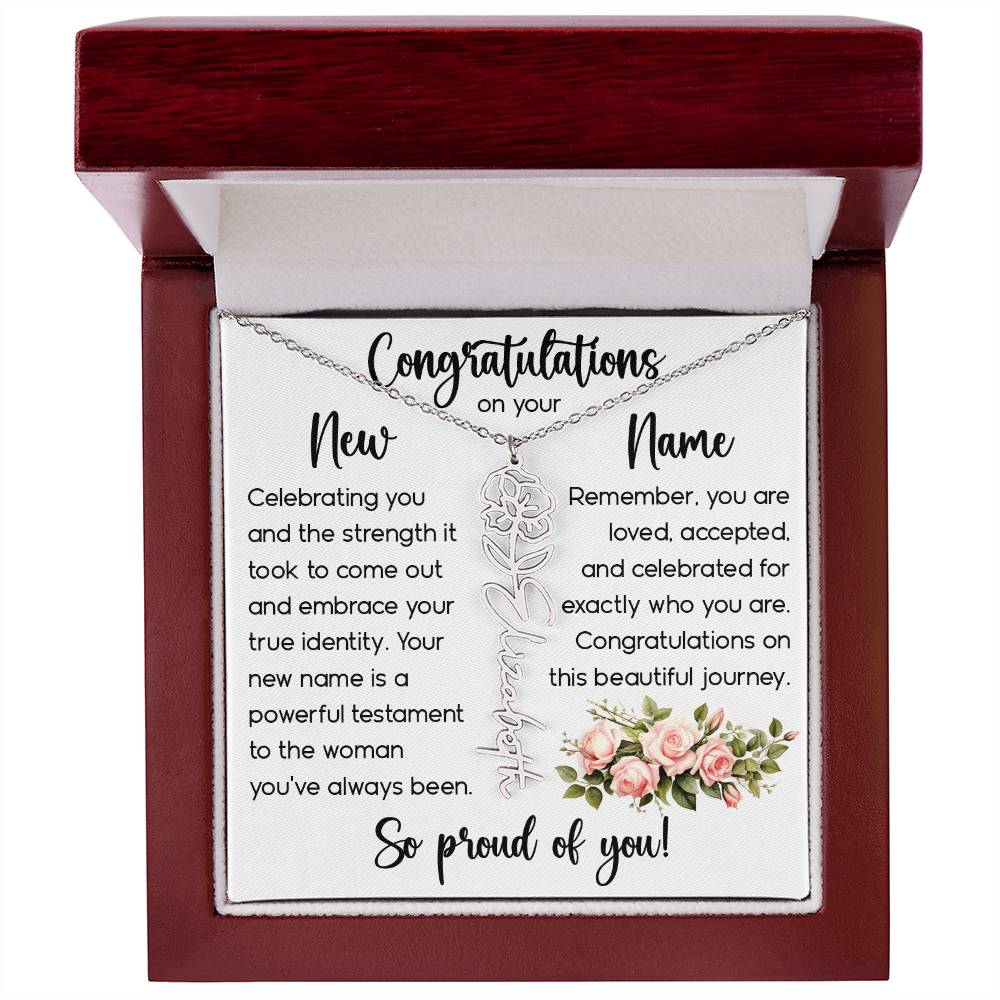Congratulations on Your New Name, Custom Name Flower Necklace, Floral Pendant Name Change Jewelry for Women