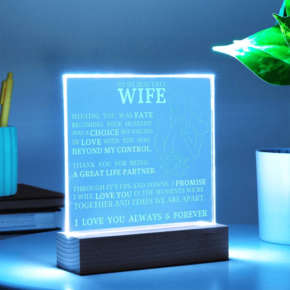 To My Beautiful Wife, Meeting You Was Fate, Engraved Acrylic Plaque