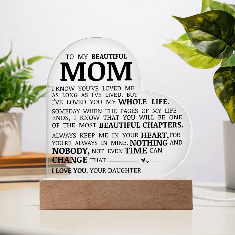 To My Beautiful Mom "I've Loved You My Whole Life" Acrylic Heart Plaque