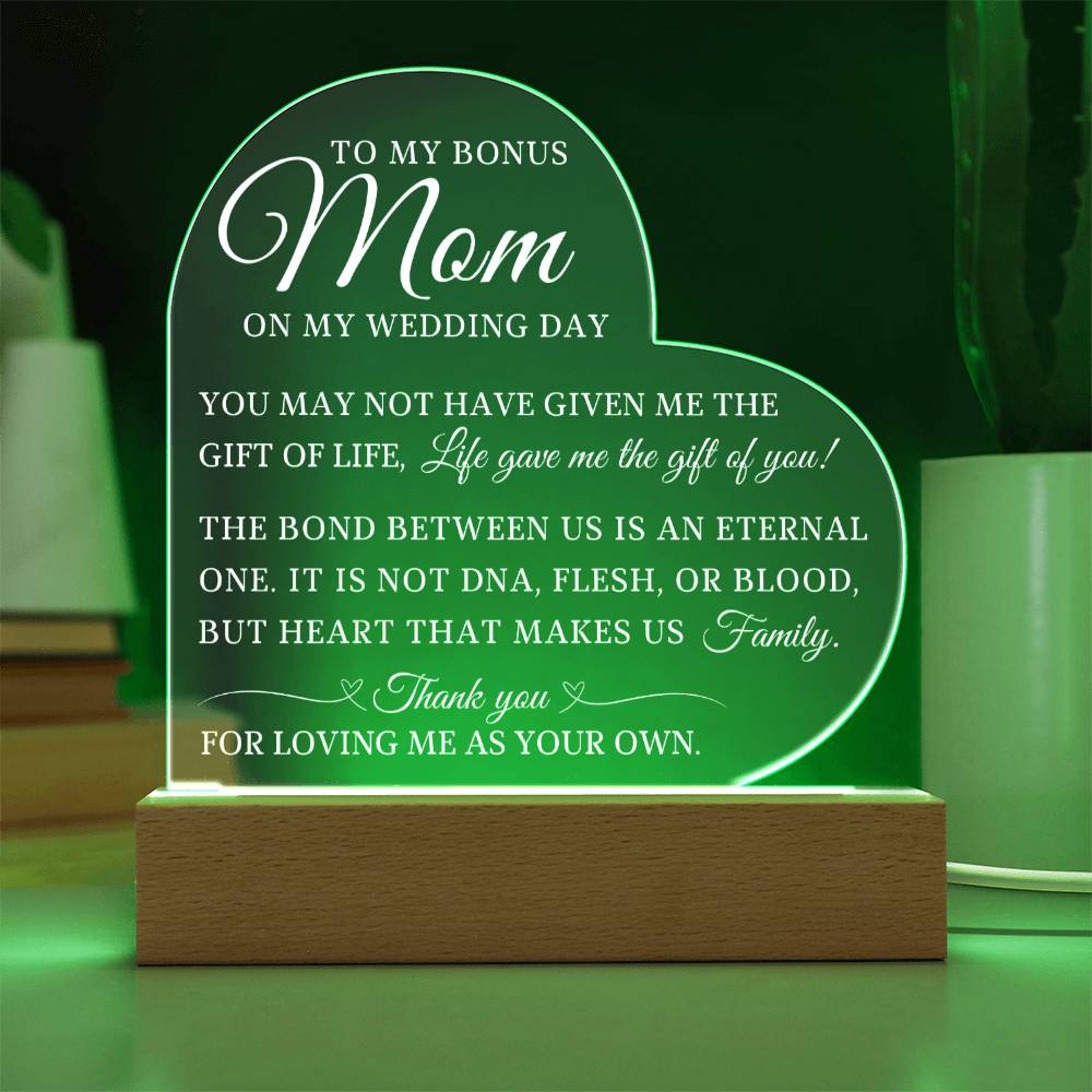 To My Bonus Mom, Wedding Day Gift For Bonus Mom, Acrylic Heart Plaque