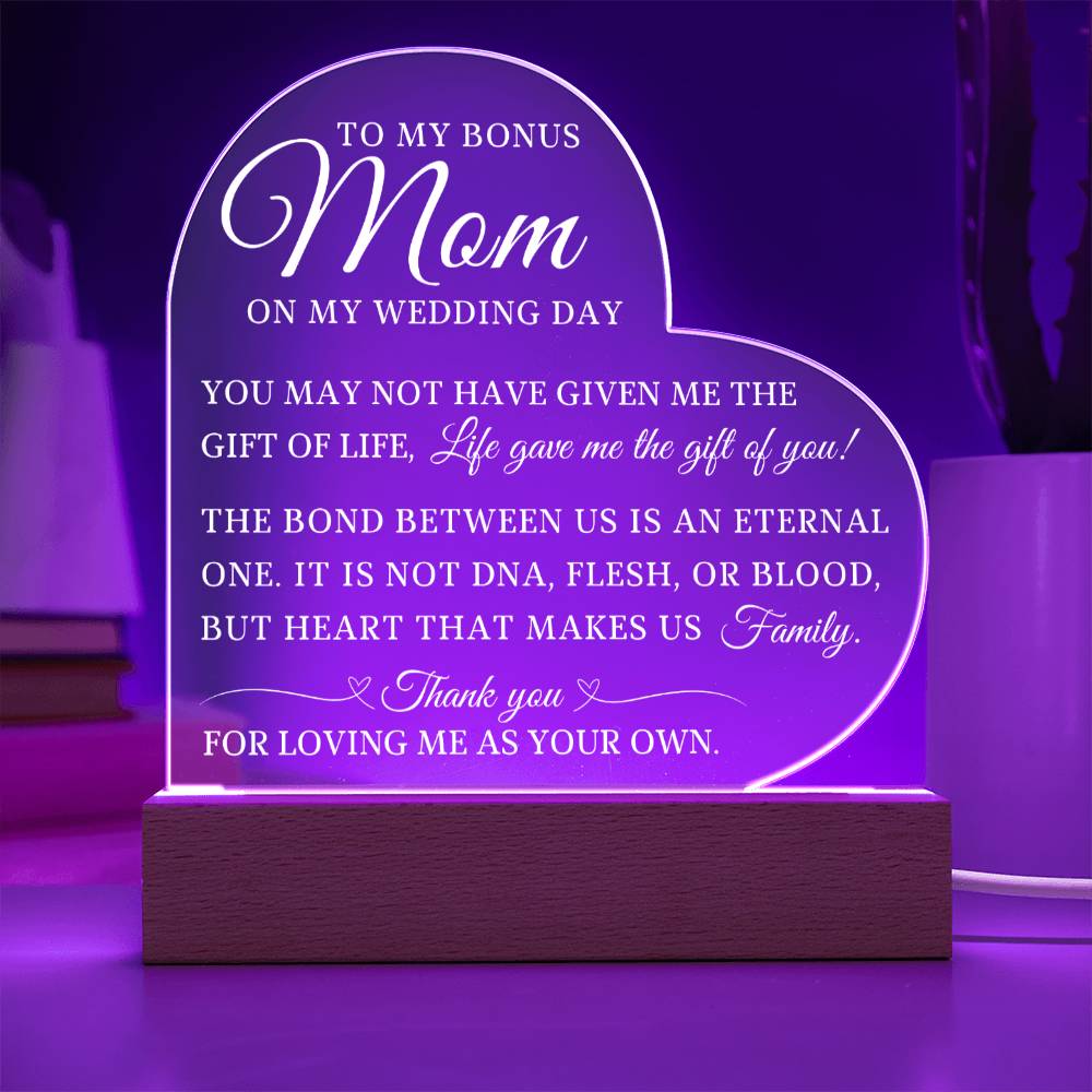 To My Bonus Mom, Wedding Day Gift For Bonus Mom, Acrylic Heart Plaque