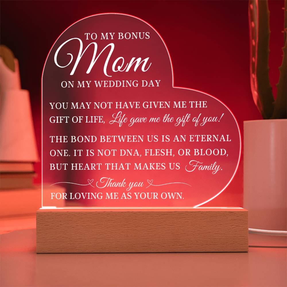 To My Bonus Mom, Wedding Day Gift For Bonus Mom, Acrylic Heart Plaque