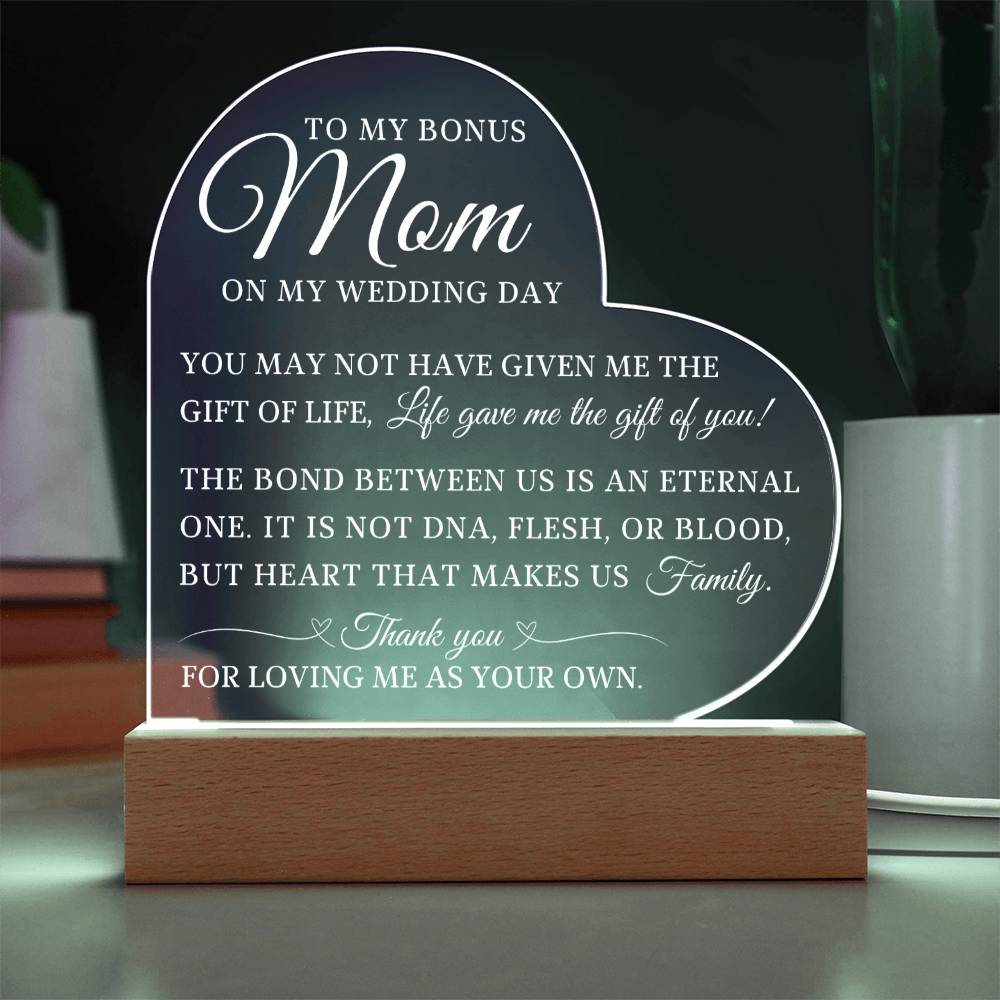 To My Bonus Mom, Wedding Day Gift For Bonus Mom, Acrylic Heart Plaque