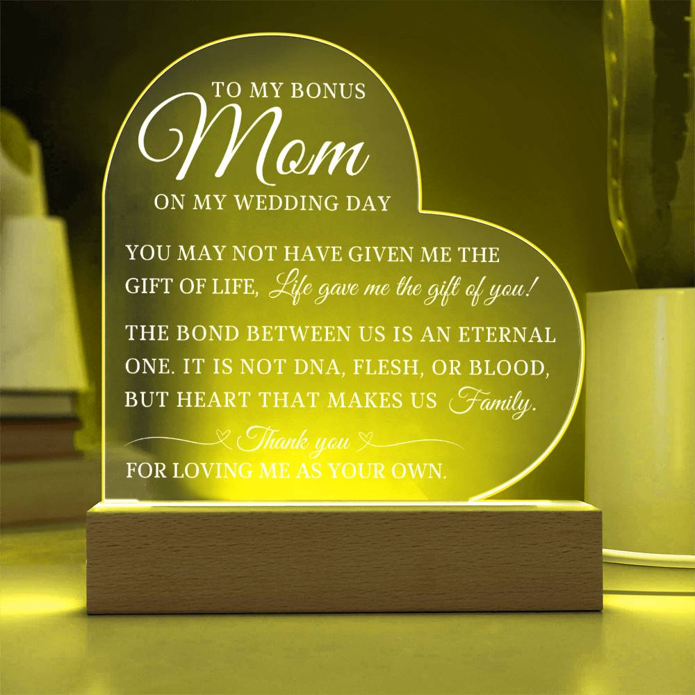 To My Bonus Mom, Wedding Day Gift For Bonus Mom, Acrylic Heart Plaque