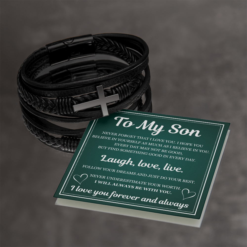 Men's Cross Bracelet - To My Son "Laugh, Love and Live"