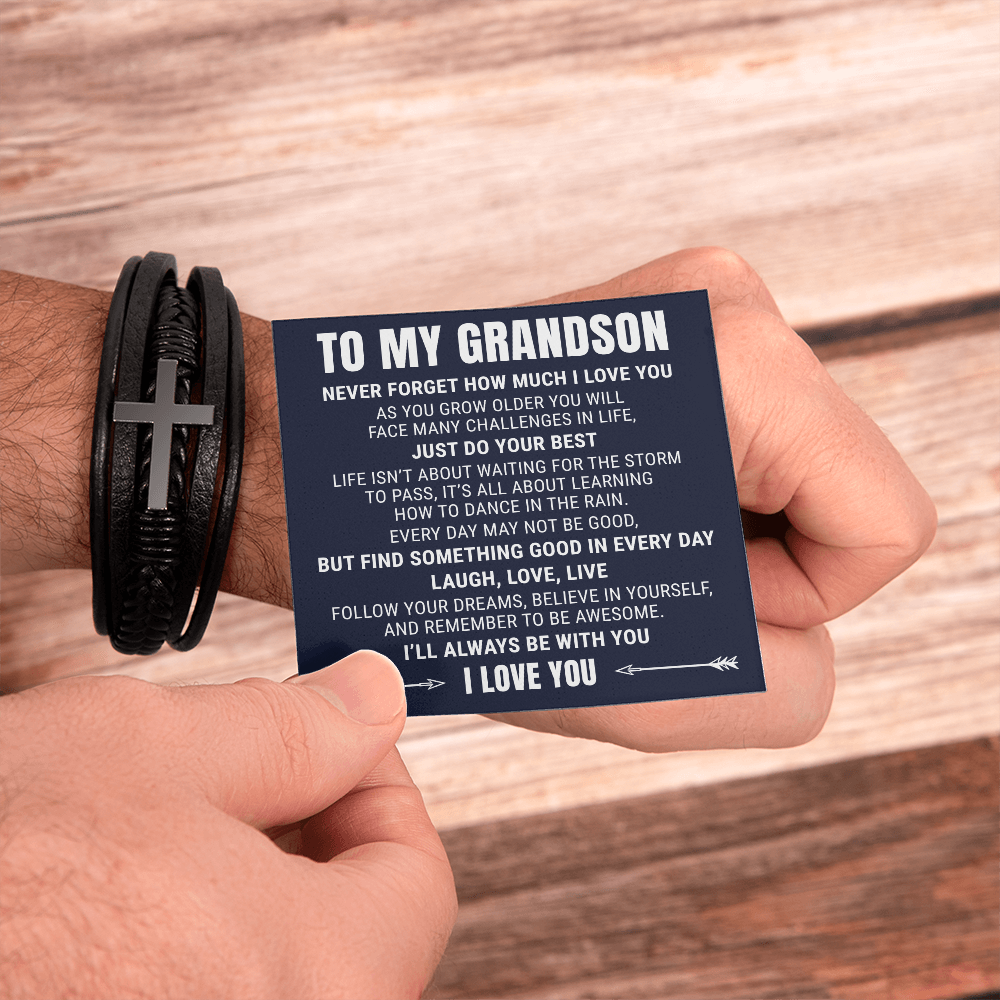 Men's Cross Bracelet - To My Grandson "Never Forget How Much I Love You"