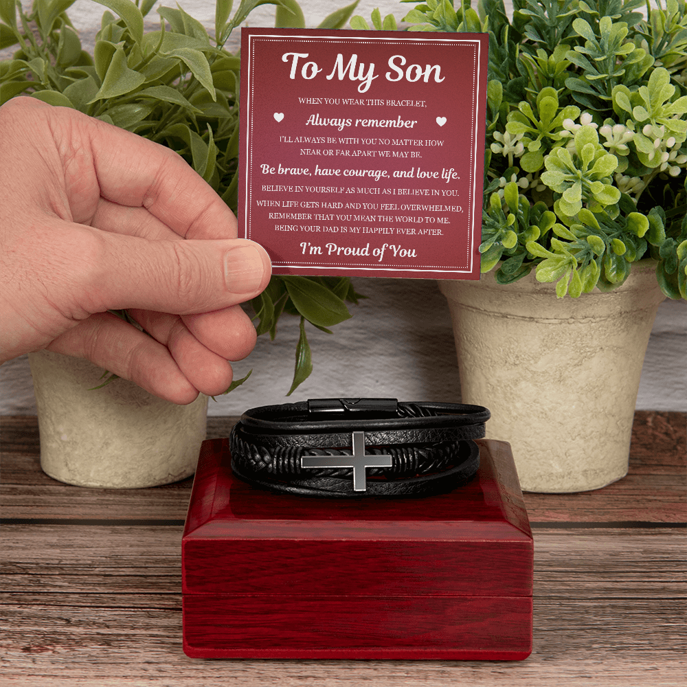 To My Son Men's Cross Bracelet -"I'm Proud of You"