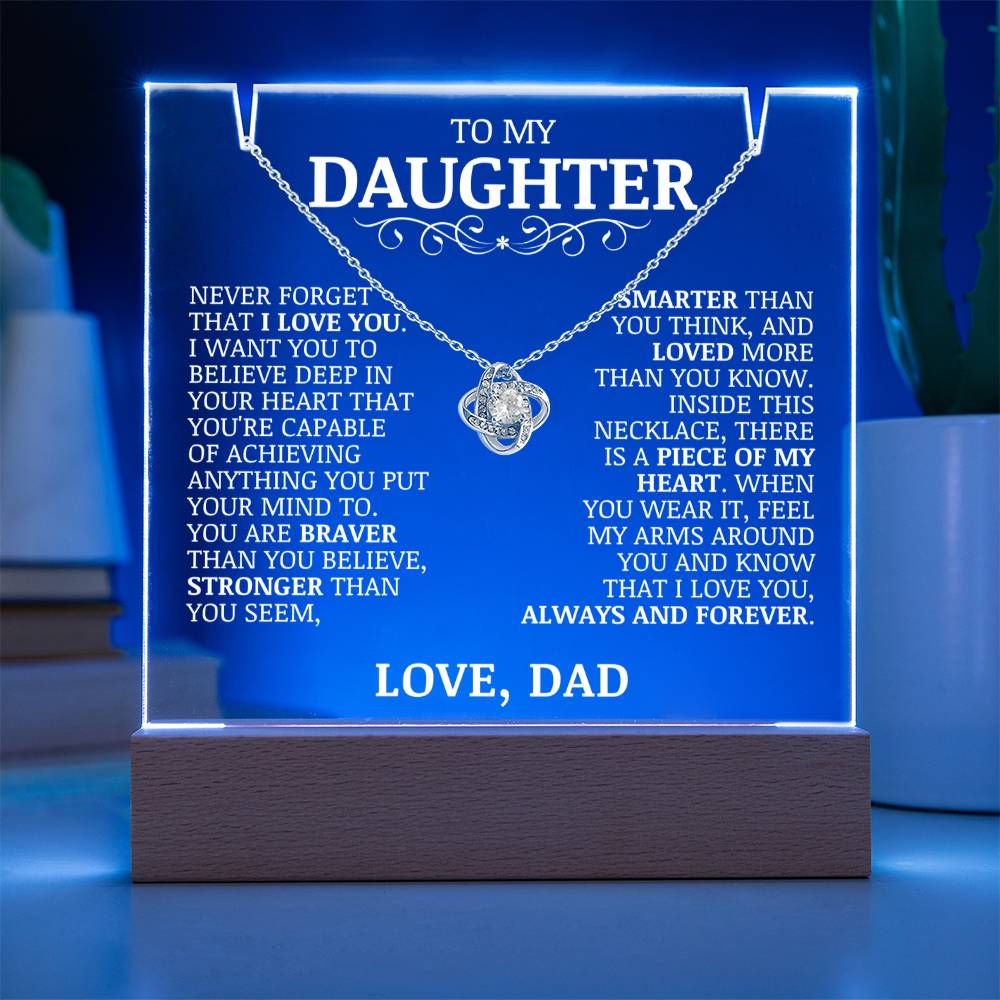 To My Daughter "Never Forget That I Love You" Love Knot Necklace on Acrylic Lamp