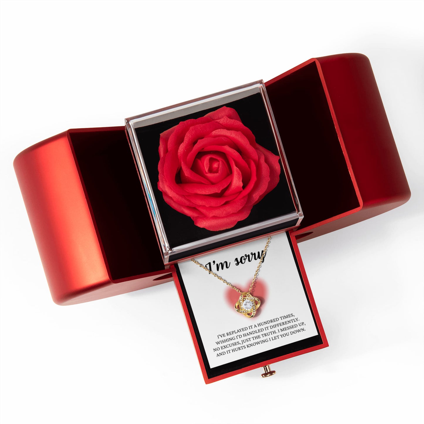 Love Knot Necklace with Red Heart Rose Box - "I'm Sorry"