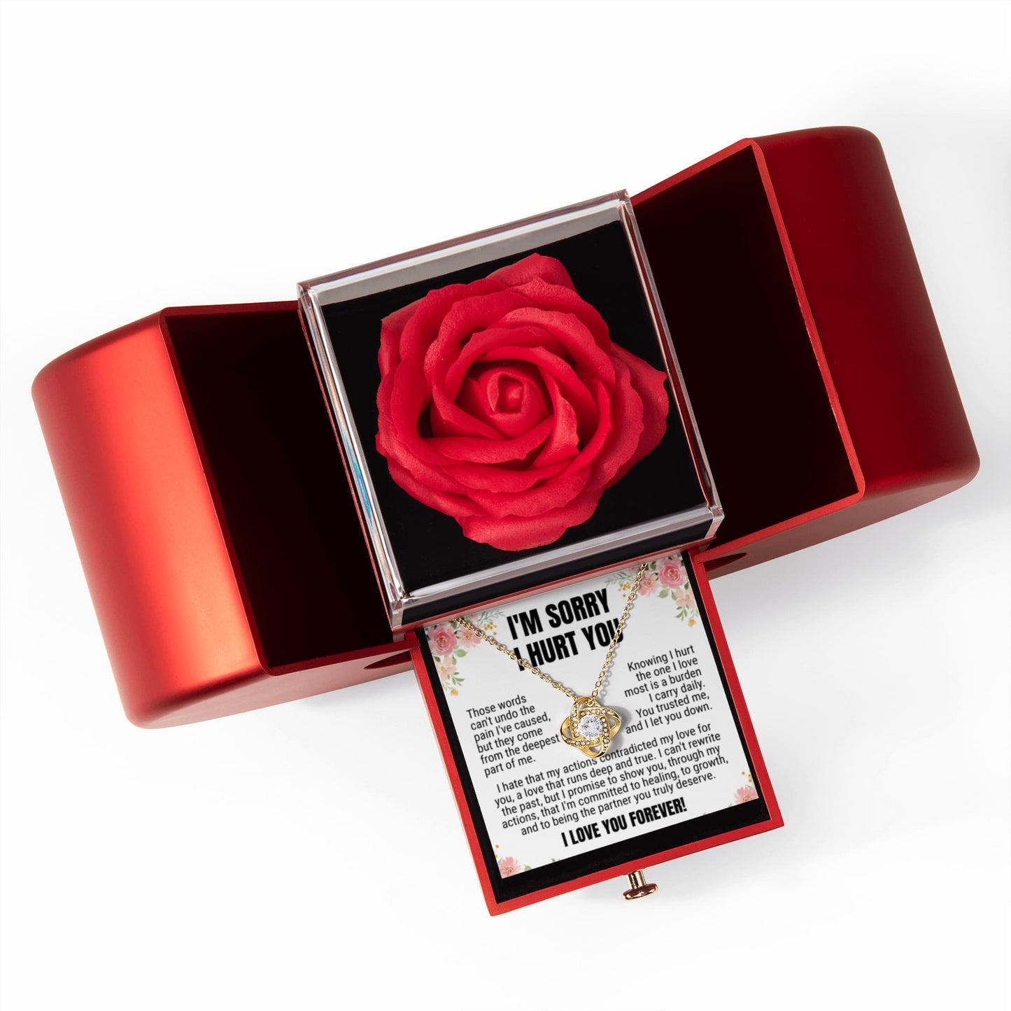 Love Knot Necklace with Red Heart Rose Box - "I'm Sorry I Hurt You"