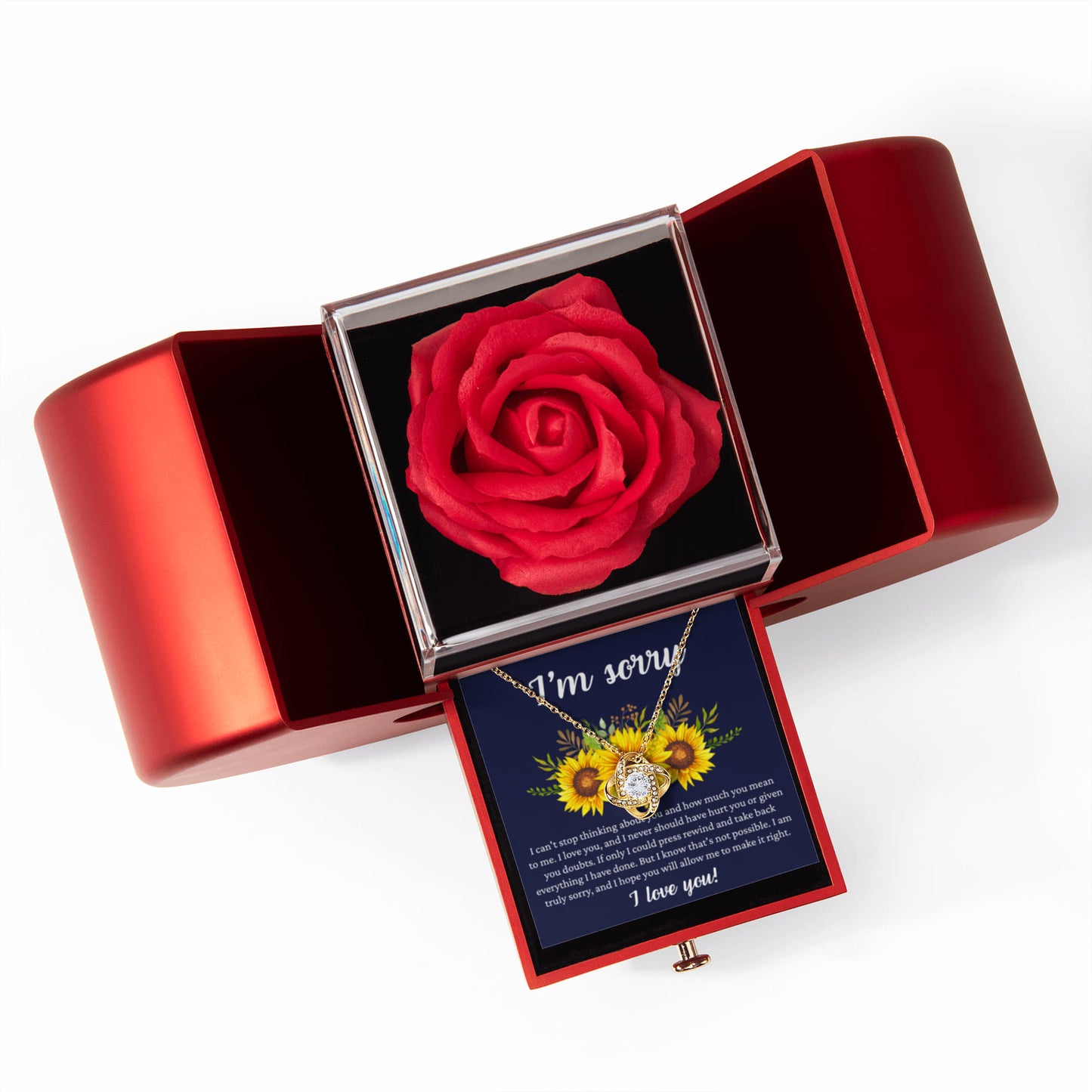 Love Knot Necklace with Red Heart Rose Box - "I am Sorry, I Love You"