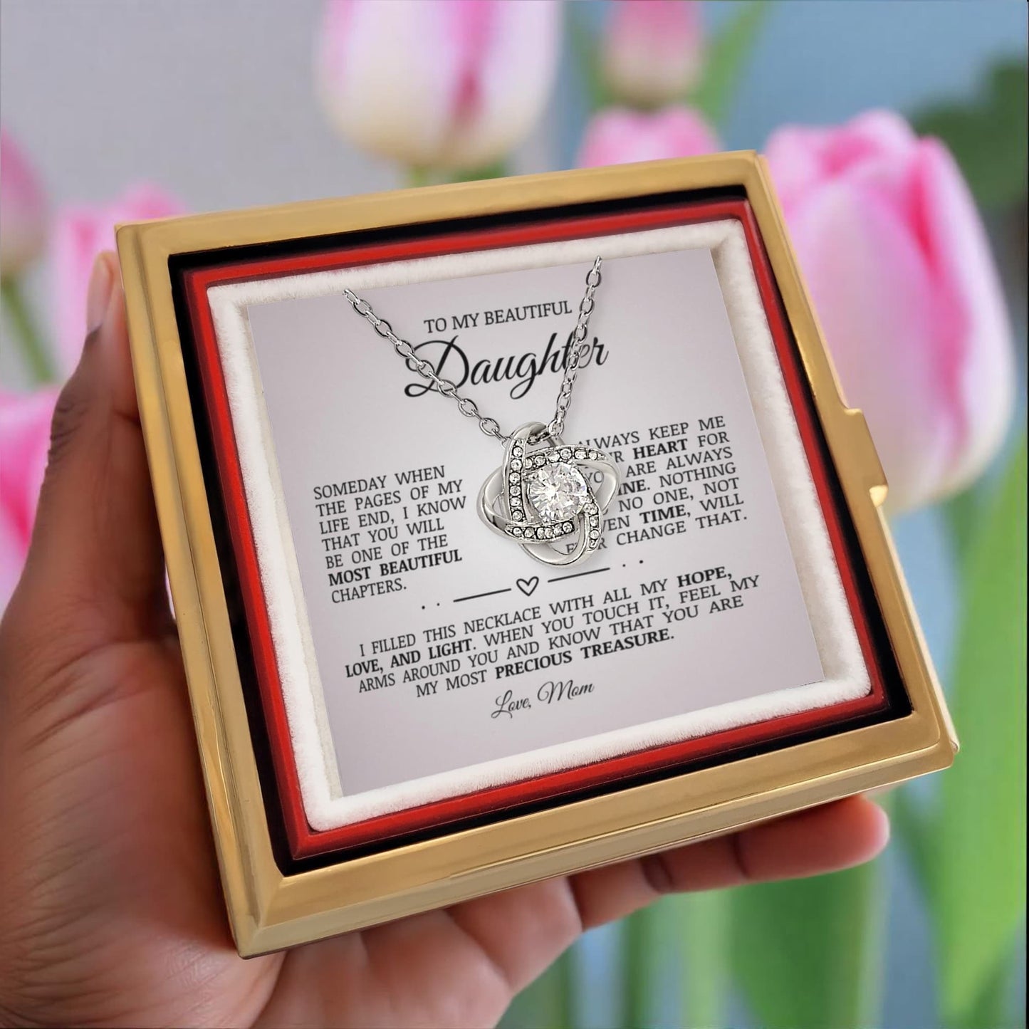 To My Beautiful Daughter "Always Keep Me In Your Heart" Love Knot Necklace with Rotating Gift Box