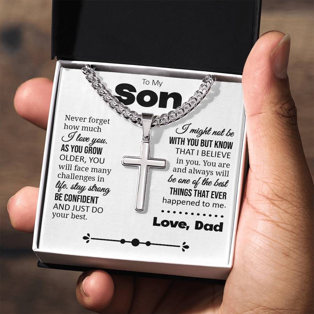 To My Son "Never Forget How Much I Love You" Personalized Cross with Cuban Link Chain
