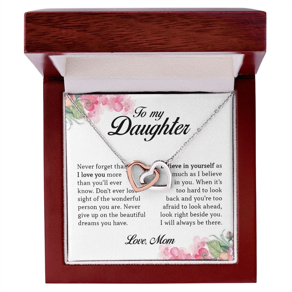 To My Daughter "Never Give Up On Your Dreams" Interlocking Hearts Necklace