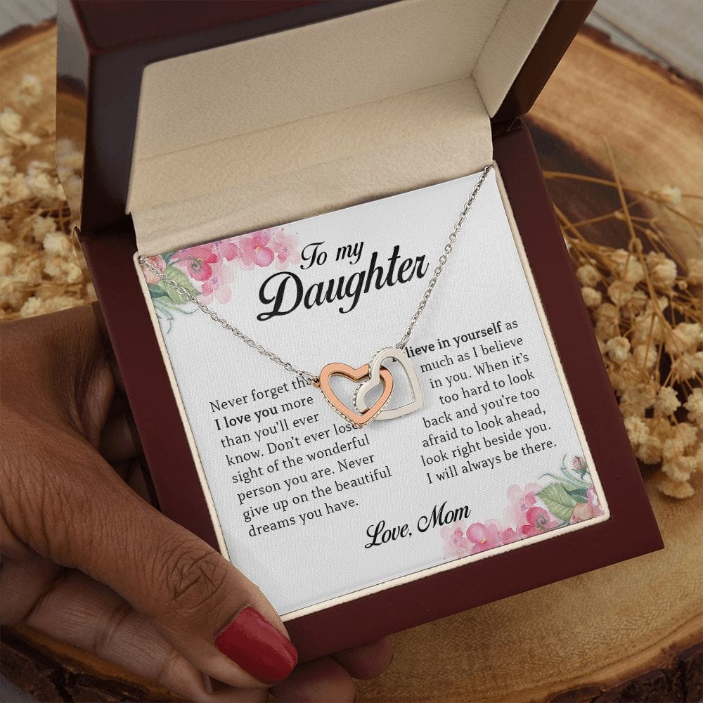 To My Daughter "Never Give Up On Your Dreams" Interlocking Hearts Necklace