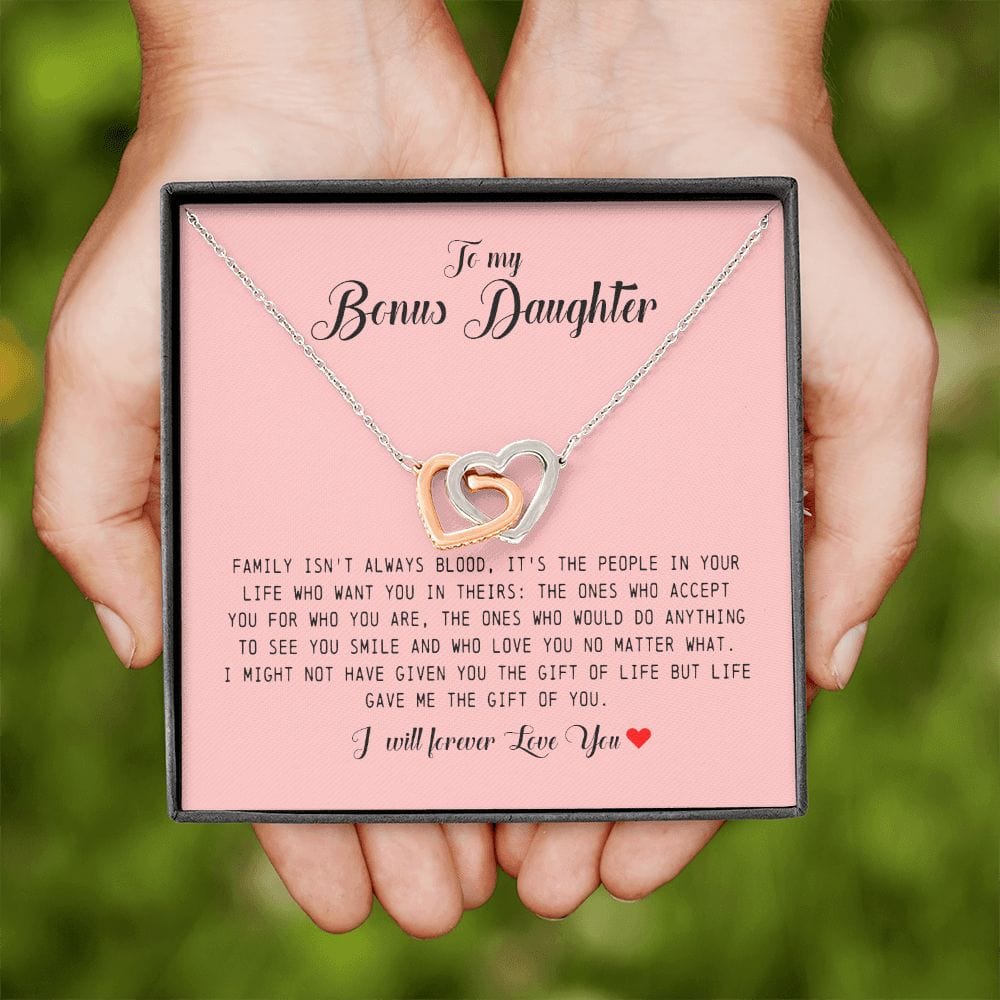 To My Bonus Daughter, Interlocking Heart Necklace