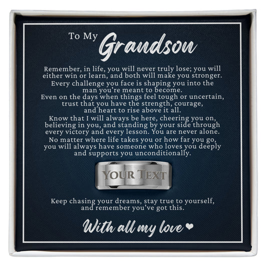 Engraved Men's Ring with Message Card - To My Grandson "You Are Never Alone"