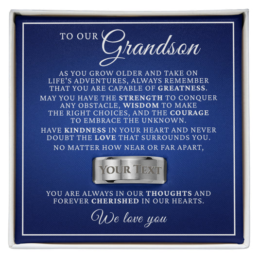 Engraved Men's Ring with Message Card - To Our Grandson "You Are Capable of Greatness"
