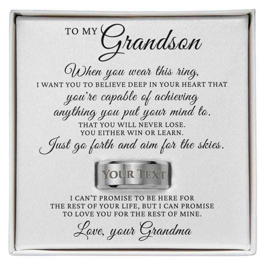 Engraved Men's Ring with Message Card - To My Grandson "Just Go Forth and Aim for The Skies"