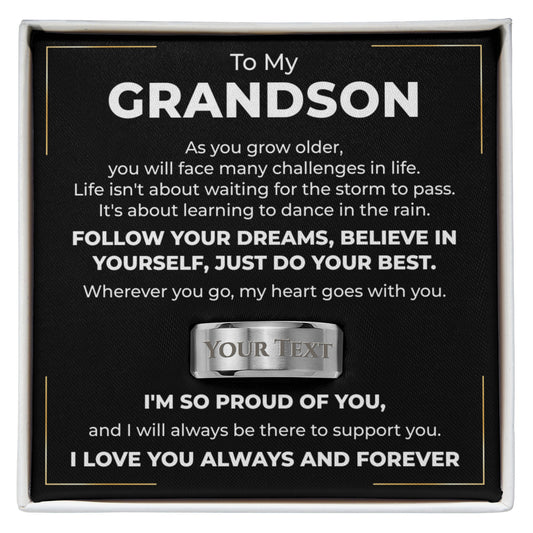 Engraved Men's Ring with Message Card - To My Grandson "I'm So Proud of You"