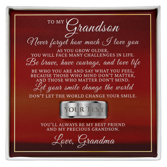 Engraved Men's Ring with Message Card - To My Grandson "Let Your Smile Change The World"