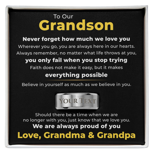 Engraved Men's Ring with Message Card - To Our Grandson "We Are Always proud Of You"