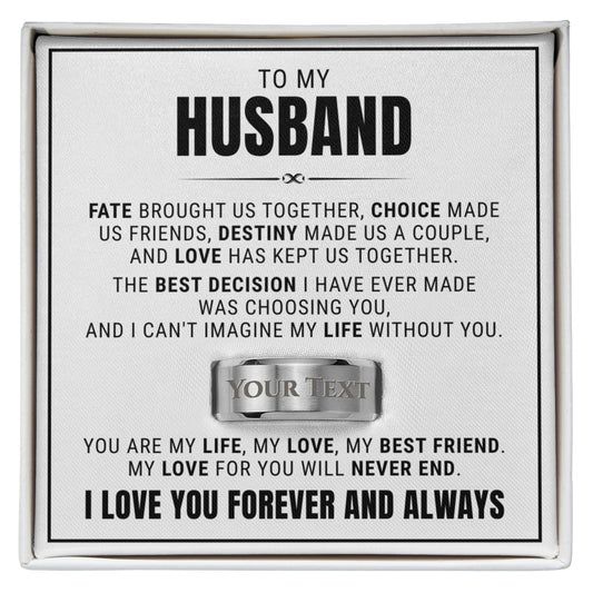 Engraved Men's Ring with Message Card - To My Husband "You Are My Life"