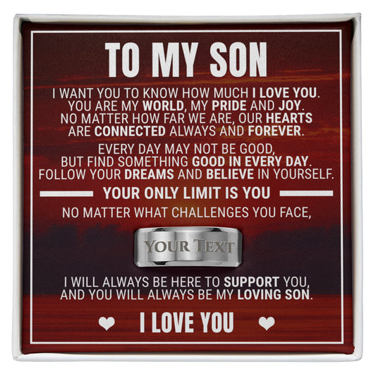 Engraved Men's Ring with Message Card - To My Son "Our Hearts Are Connected"