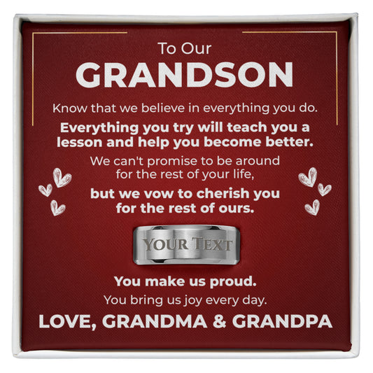 Engraved Men's Ring with Message Card - To Our Grandson "You Make Us Proud"