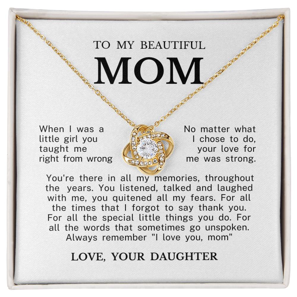 To My Beautiful Mom "Always Remember I Love You" Love Knot Necklace