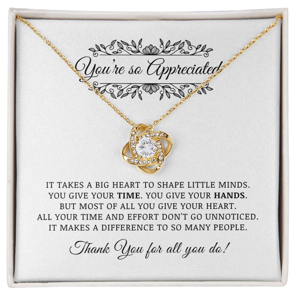 Teacher Appreciation Gift, Thank You Jewelry Gift For Pre-K Kindergarten Elementary School Daycare Teacher, Love Knot Necklace