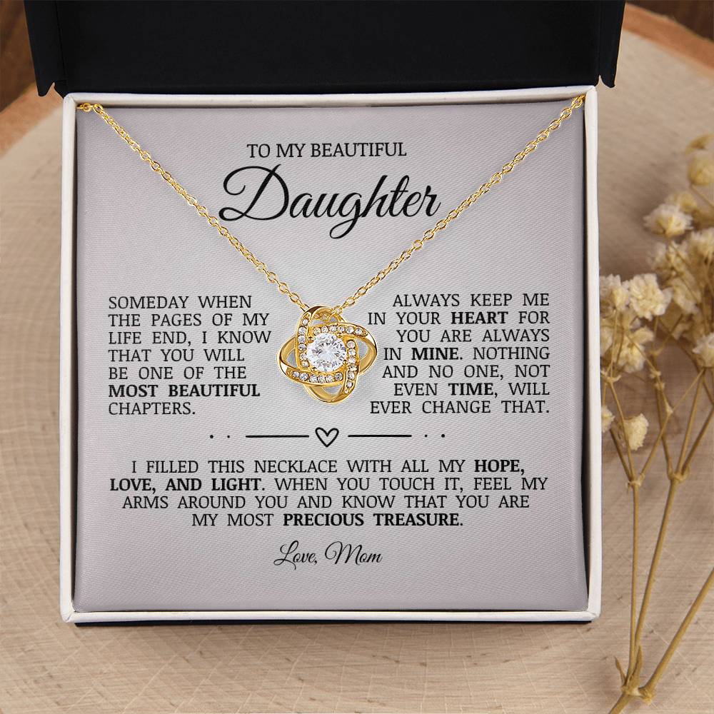 To My Beautiful Daughter "Always Keep Me In Your Heart" Love Knot Necklace