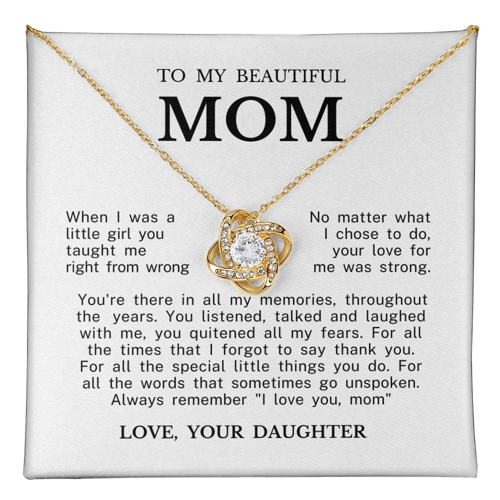 To My Beautiful Mom "Always Remember I Love You" Love Knot Necklace
