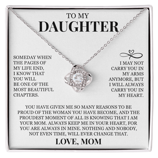 To My Daughter "I Will Always Carry You In My Heart" Love Knot Necklace