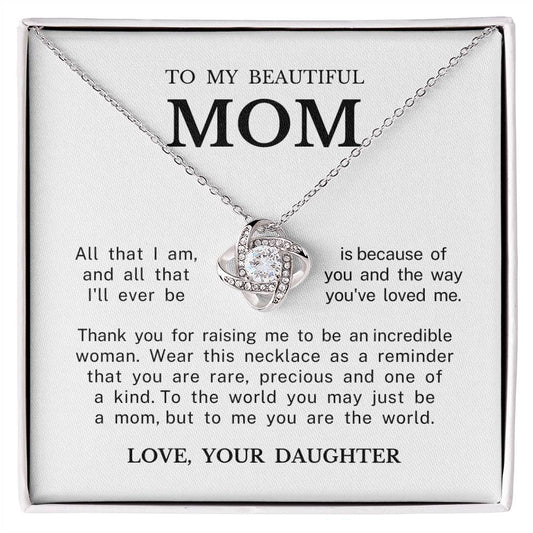 To My Beautiful Mom "You Are The World" Love Knot Necklace